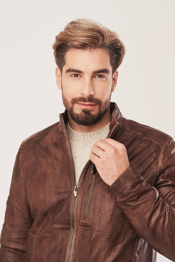 Men's brown leather jacket with stand-up collar