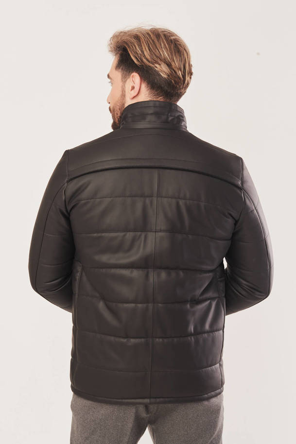 Men's winter leather jacket with a hood