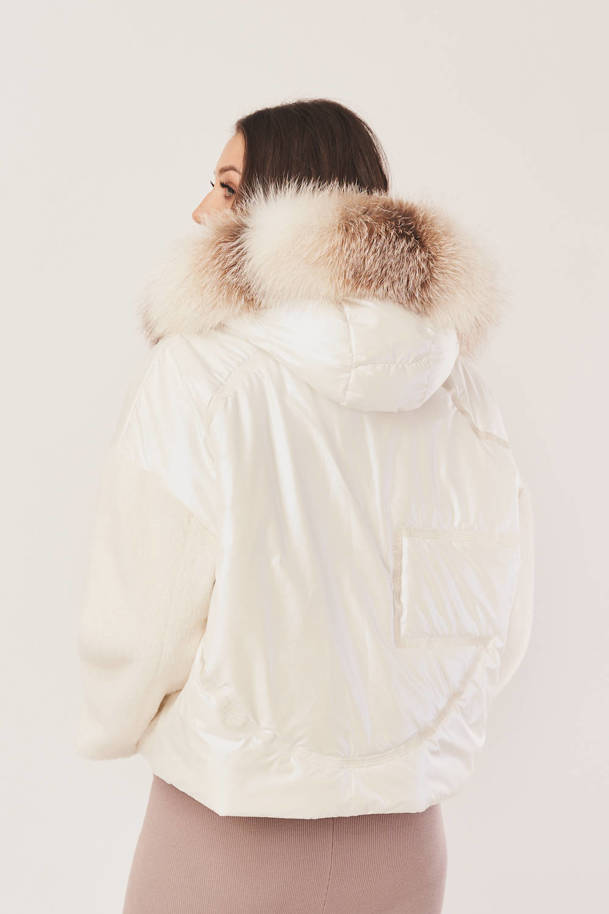 Women's beige down jacket with a hood, oversize